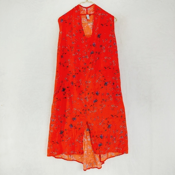 Three Stones Viscose/Linen Red Floral Sleeveless Pockets Midi Dress P6495 - Picture 1 of 7